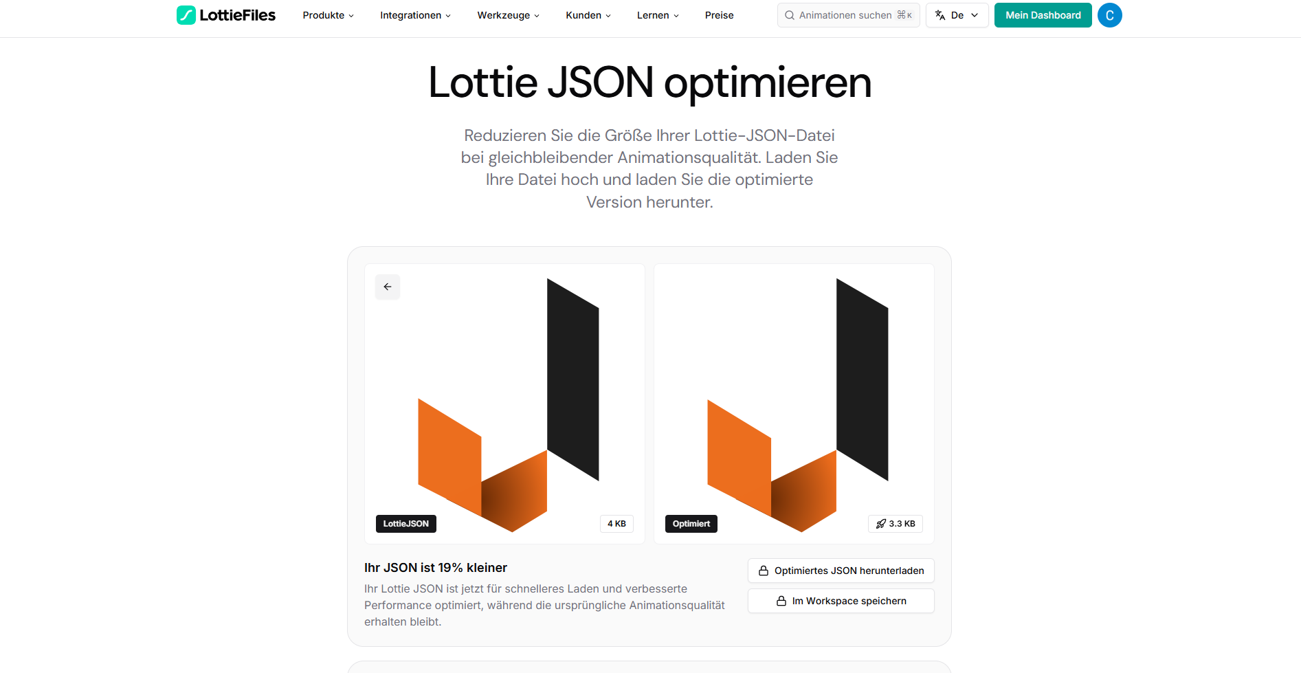 LottieFiles Optimizer Größenvergleich Vorher 4 KB Nachher 3.3 KB